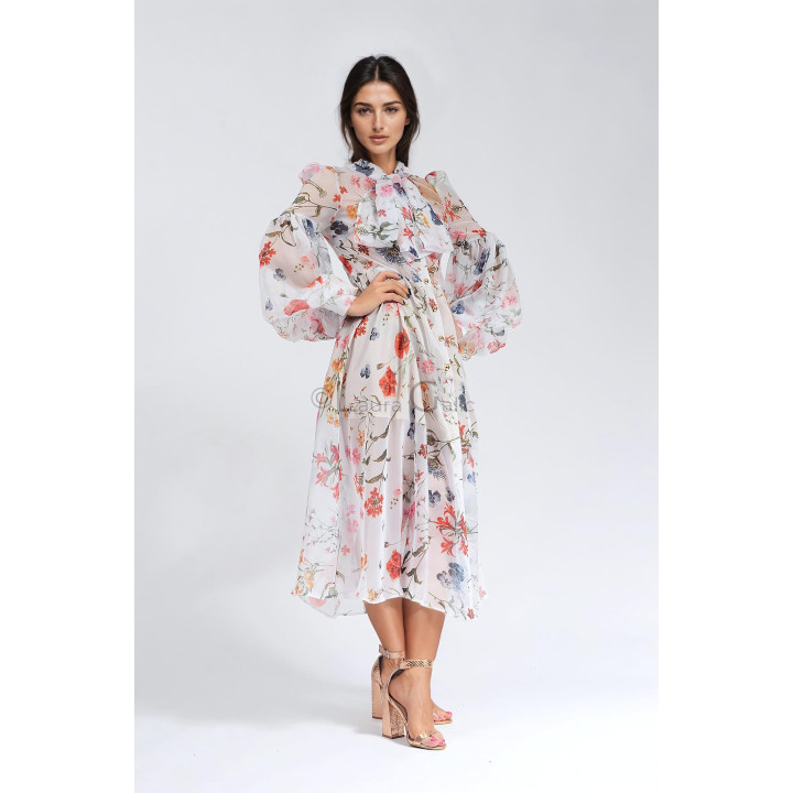Rochie Luana midi cu imprimeu floral multicolor, nasturi în față și mâneci ample