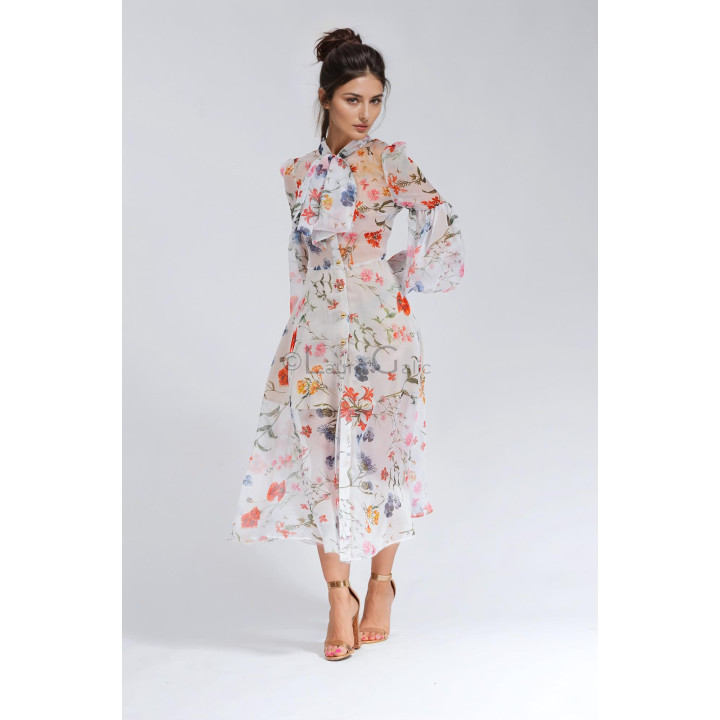 Rochie Luana cu imprimeu floral, croială lejeră și eșarfă decorativă la gât
