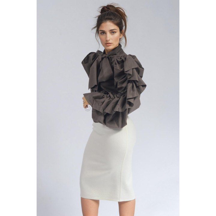 Iunia office shirt styled with a tied neck scarf and layered sleeve ruffles