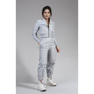 Costum damă Smart-Cargo în carouri gri, cu jachetă cu fermoar și pantaloni cargo cu manșete elastice