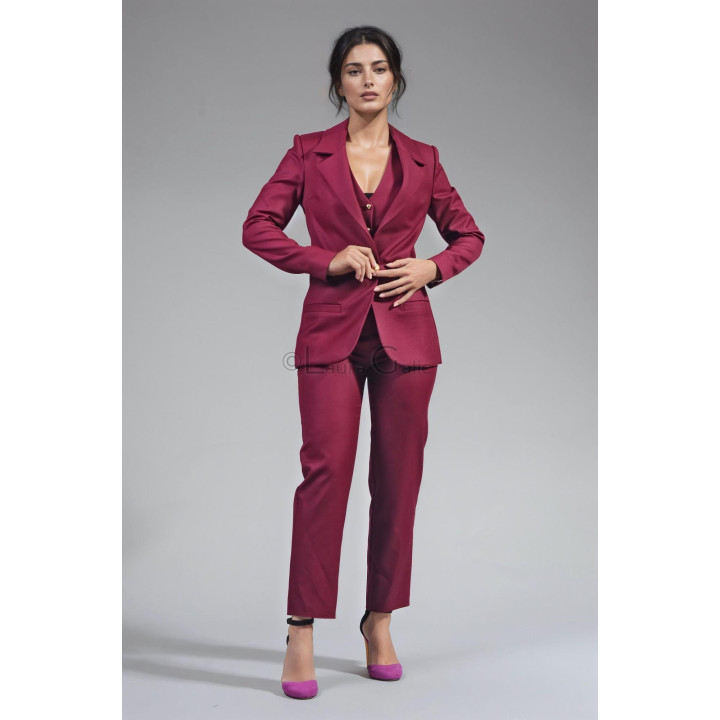 Lapel blazer with a gold-tone button over the burgundy Ramona waistcoat and trousers