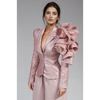 Rose-pink Andreea women's jacket with a fitted cut, buttons and large shoulder ruffles