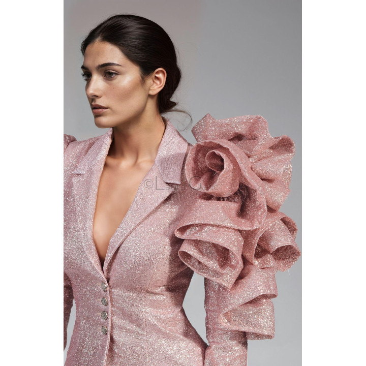Close-up of the Andreea jacket lapel, buttons and voluminous shoulder ruffles