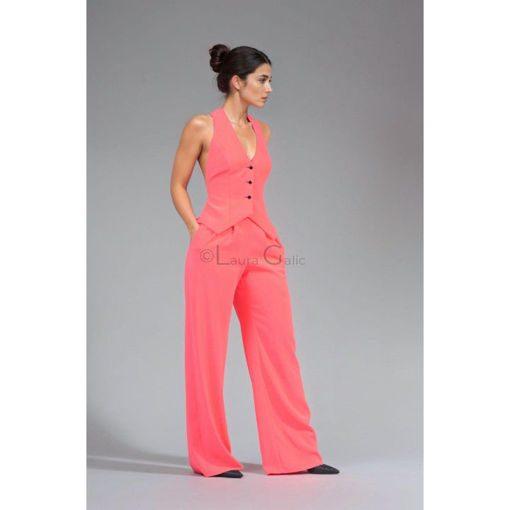Side view of the Charlie women's suit showing its deep V-neck vest and wide-leg trousers