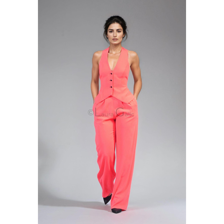 Front view of the Charlie coral suit with sleeveless vest and long wide-leg trousers