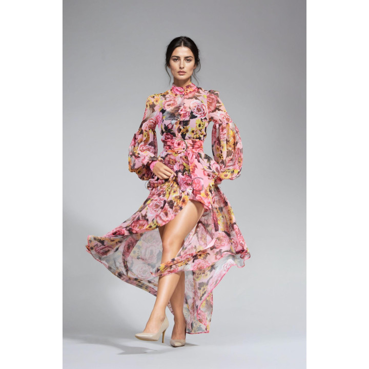 Luana maxi dress in floral chiffon with voluminous sleeves and a buckled belt