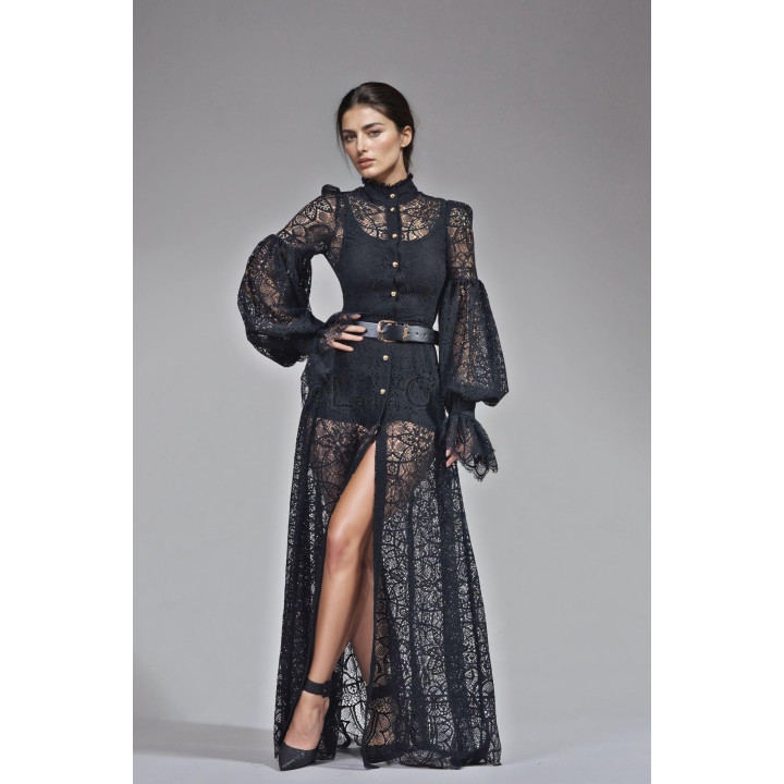 Luana long black lace dress with front buttons and a belt at the waist