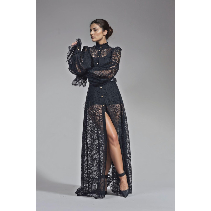 Luana lace dress with voluminous sleeves and sheer lace, styled with the included belt