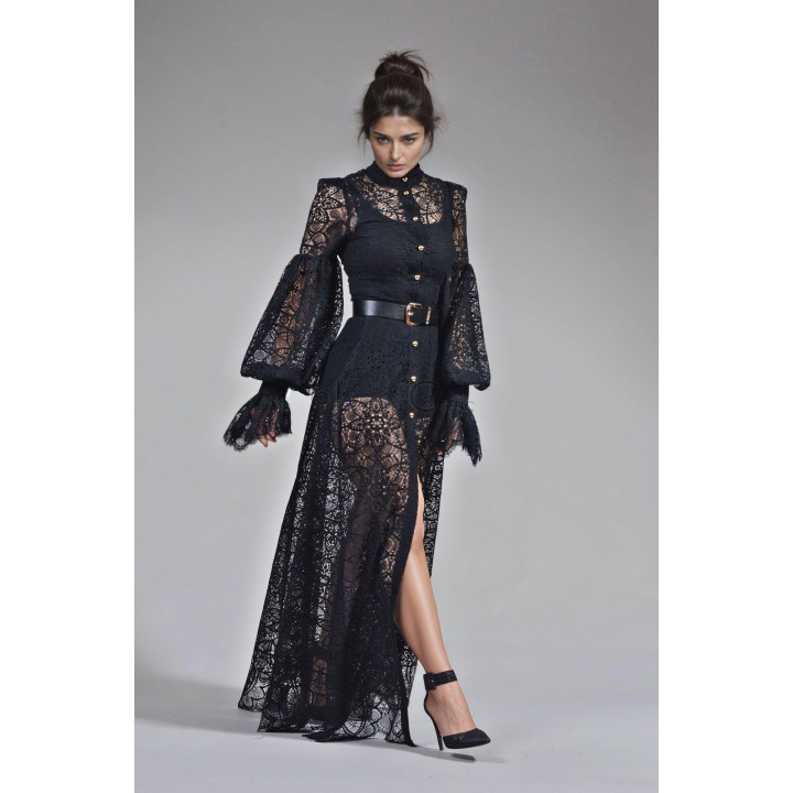 Luana black lace dress with a tunic collar and front opening