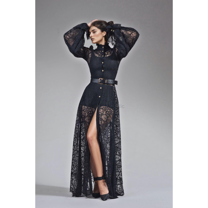 Close-up of the Luana dress with puffed sleeves, gold-tone buttons and detachable belt