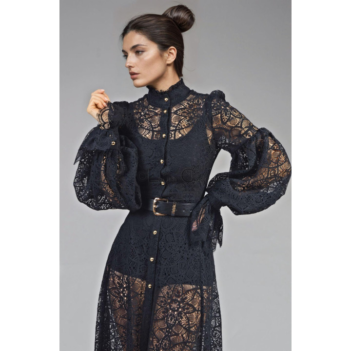 Close-up of the lace pattern and tunic collar on the Luana dress
