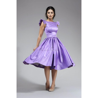 Lilac Lidia dress with ruffled shoulder straps and a full satin taffeta skirt