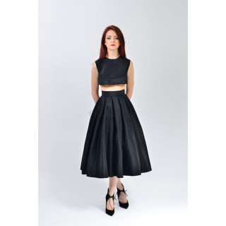 Black Marisa pleated midi skirt with a fixed waistband and full silhouette