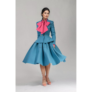 Blue Marisa skirt with full pleats, styled with a fitted jacket