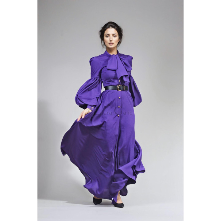 Luana violet maxi dress with a neck tie, voluminous sleeves and button front