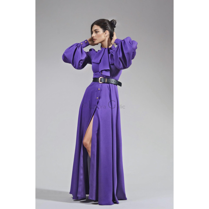 Rochie maxi violet Luana cu nasturi frontali și curea detașabilă