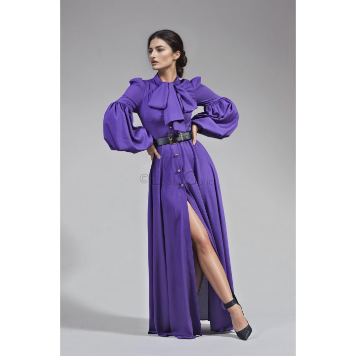 Rochie Luana cu fustă lungă, mâneci ample și talie marcată de curea