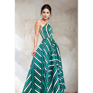 Barbara strapless maxi dress with a full skirt and green, black and white stripes