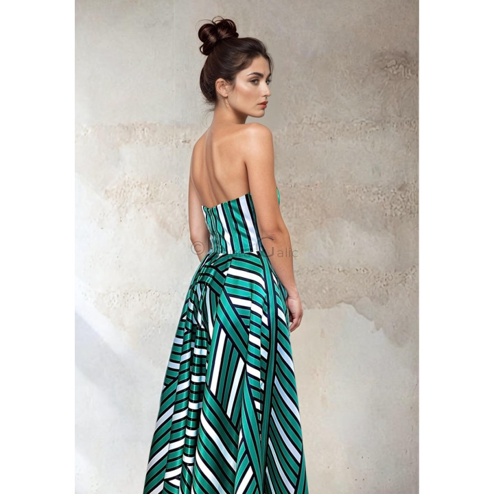 Back view of the Barbara strapless dress with a striped full-length skirt