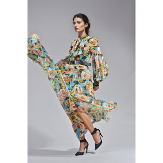 Rochia maxi Luana cu imprimeu floral multicolor și fustă amplă în mișcare