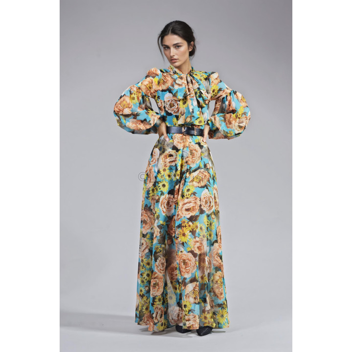 Rochie maxi Luana cu mâneci voluminoase, eșarfă la gât și curea detașabilă