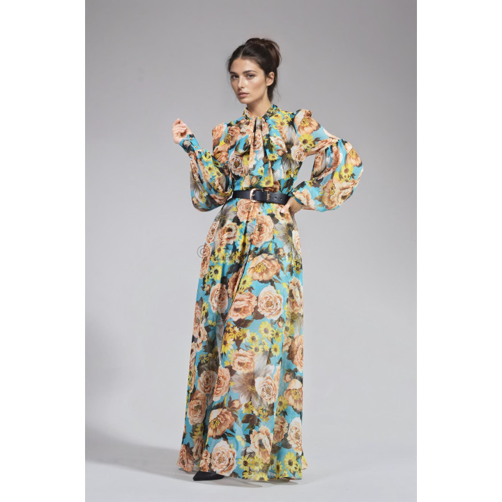 Rochie maxi Luana cu guler înalt, eșarfă decorativă și mâneci ample