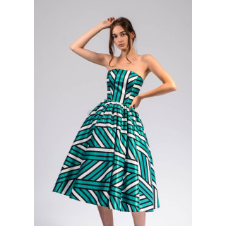 Loredana 1 midi dress with a strapless corset and full skirt in a turquoise, white and black geometric print