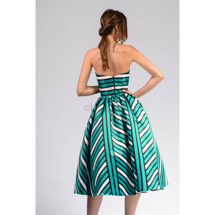 Back of the Loredana 1 midi dress with a zipper on the corset and a geometric print