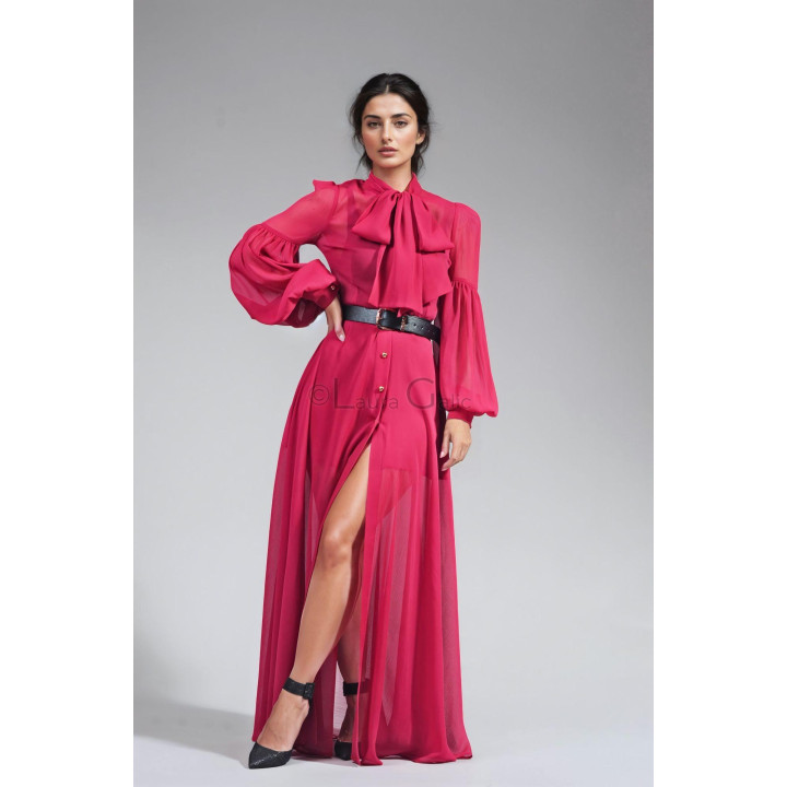 Rochie maxi Luana fucsia cu închidere frontală cu nasturi, fundă la gât și fustă lungă fluidă