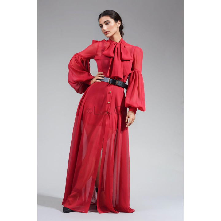 Luana fuchsia dress with gathered voluminous sleeves and an oversized bow at the neckline