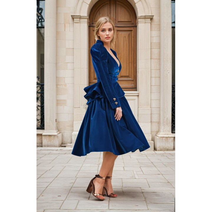 Sacou Silvia din catifea albastră, văzut din lateral, cu nasturi aurii și peplum evazat