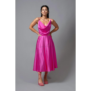 Citra fuchsia dress with slim straps, a draped neckline and midi semi-circle skirt