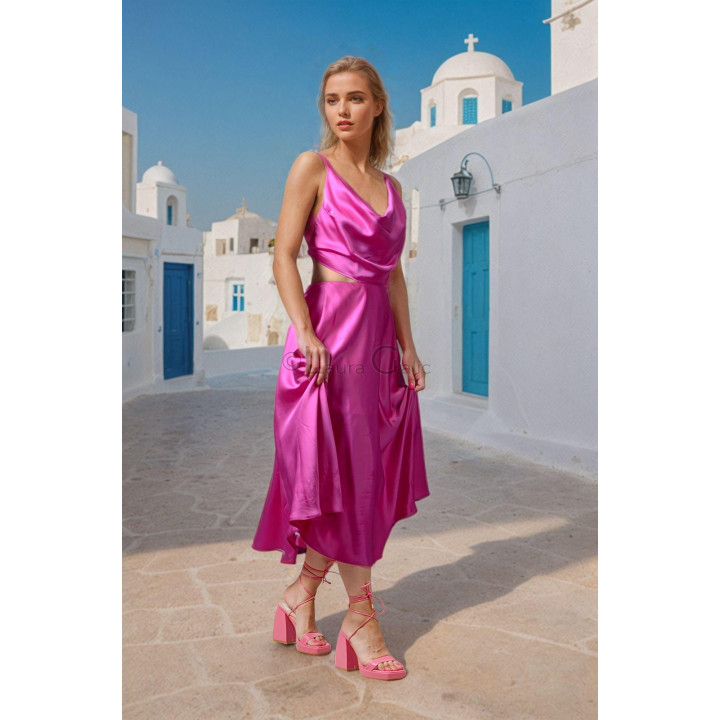 Fuchsia Citra dress with slim shoulder straps and a semi-circle skirt