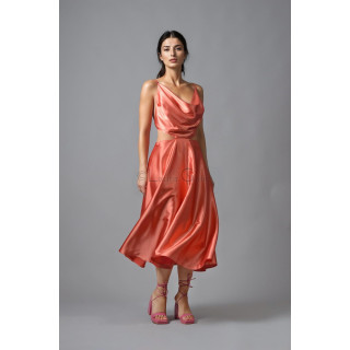 Citra coral satin dress with a draped neckline and flared midi skirt