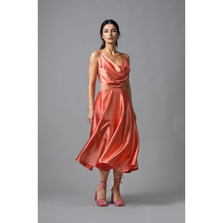 Citra coral satin dress with a draped neckline and flared midi skirt