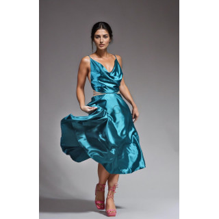 Rochie satin Citra turcoaz, cu decolteu drapat și fustă midi evazată