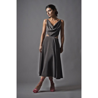 Dark grey Citra midi dress with a draped neckline, waist cut-outs and flared skirt
