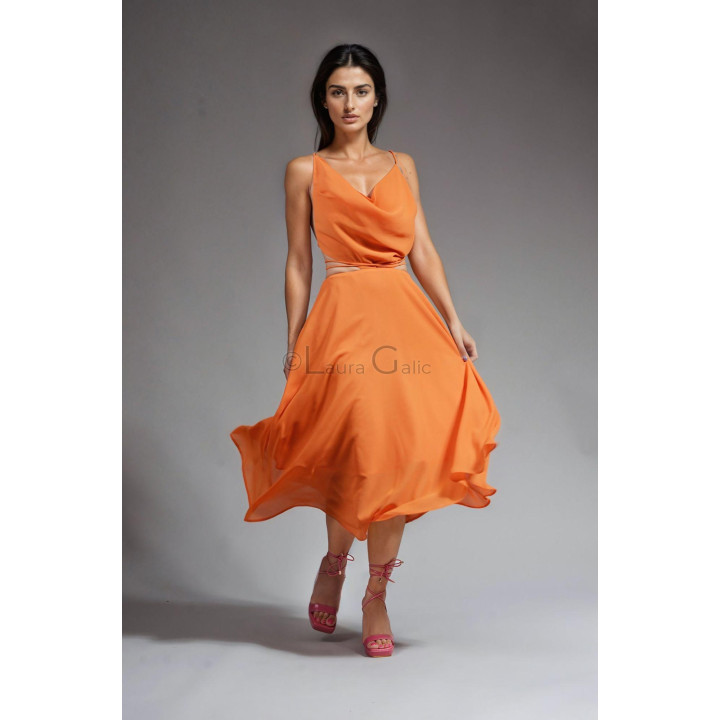 Orange Citra midi dress with draped neckline and full semi-circle skirt
