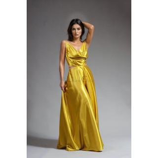 Citra maxi dress in golden yellow with a draped neckline and full skirt