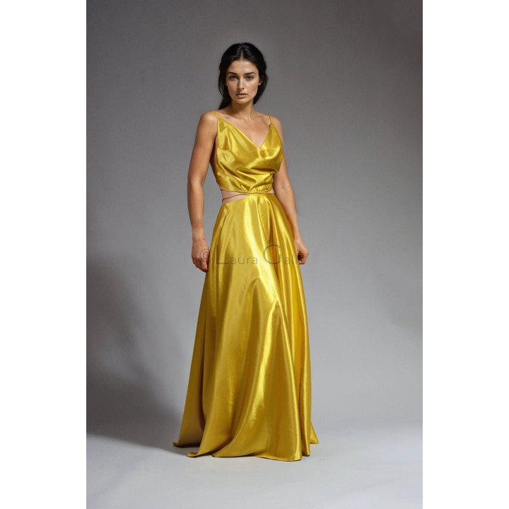 Golden-yellow Citra dress with a cutout waist and floor-length skirt