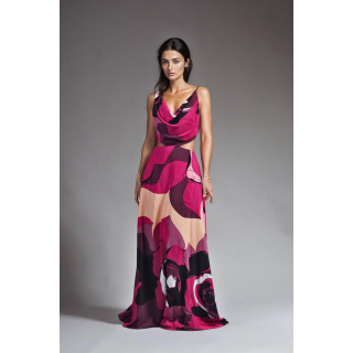 Citra maxi dress with draped neckline, waist cut-outs and an abstract floral skirt