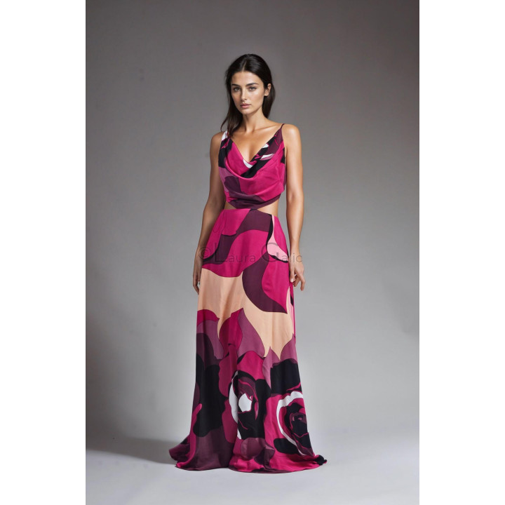 Citra maxi dress with draped neckline, waist cut-outs and an abstract floral skirt