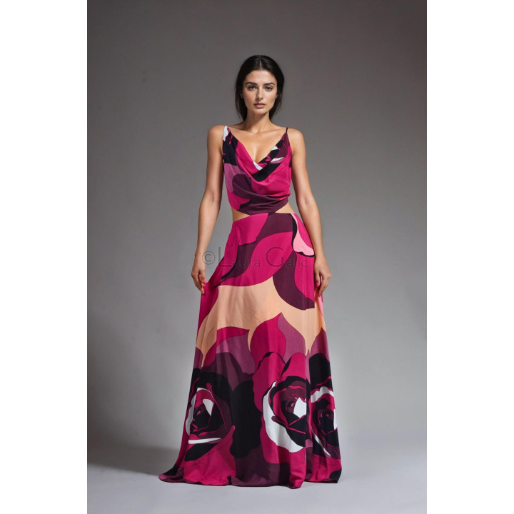Rochie maxi Citra cu bretele subțiri și imprimeu floral în tonuri de fucsia, crem și negru