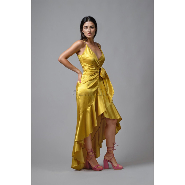Chiara 4 wrap dress with the wide waist sash tied at the side and a longer back hem