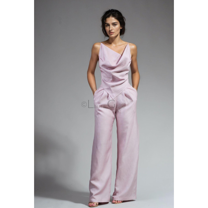 Front view of the Charlie set showing its thin-strapped draped top and high-waisted trousers