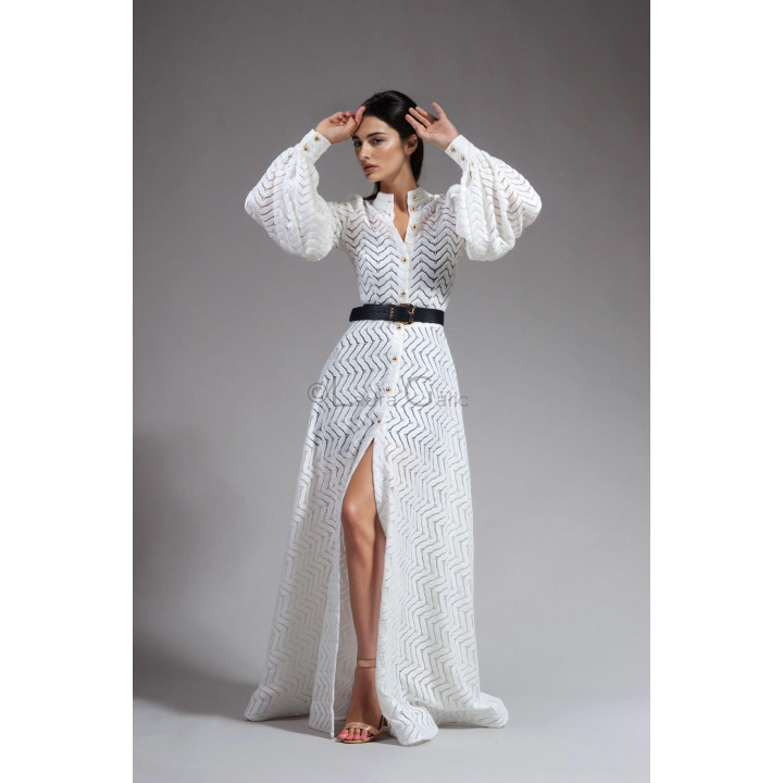 Full-length Luana white lace dress with voluminous sleeves, front buttons and included belt