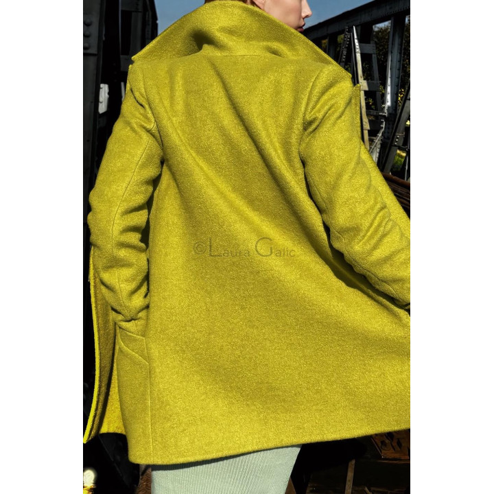 Back view of the Sandra coat with long sleeves and looped-texture wool fabric