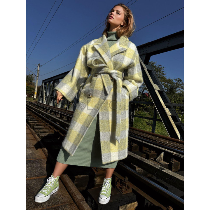 Laura 2 women's coat in 100% wool with yellow, grey and white plaid