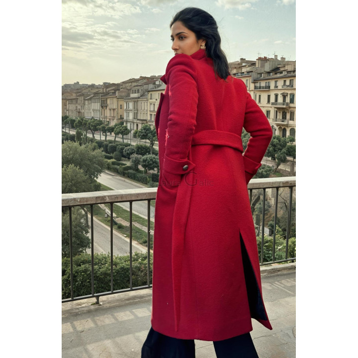 Back view of the long Romanita 3 coat with a belt at the waist