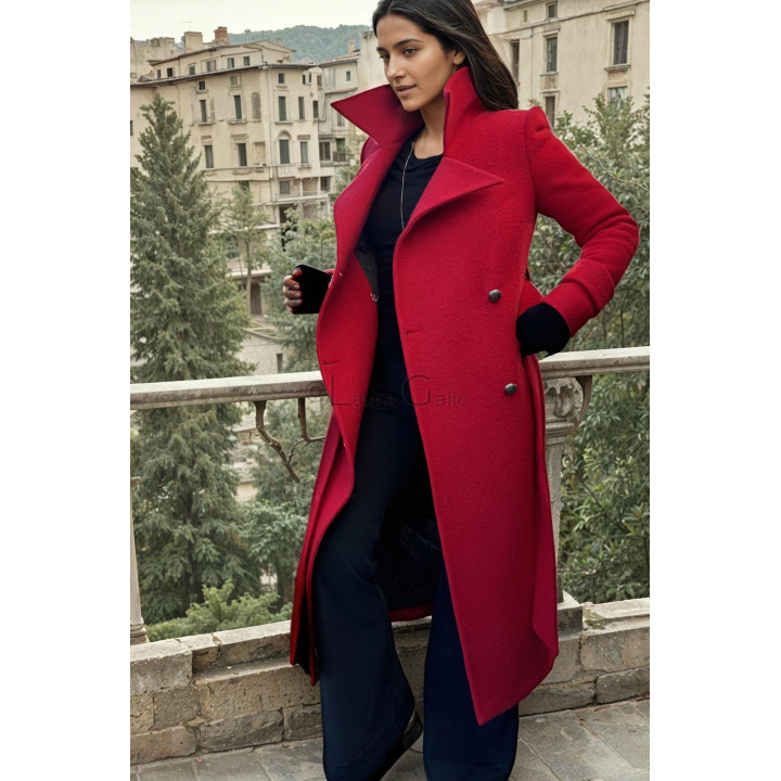 Romanita 3 wool coat worn open to show its quilted lining and wide lapels